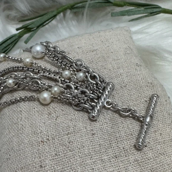 David Yurman Multi Strand Pearl Chain Toggle Bracelet .925
